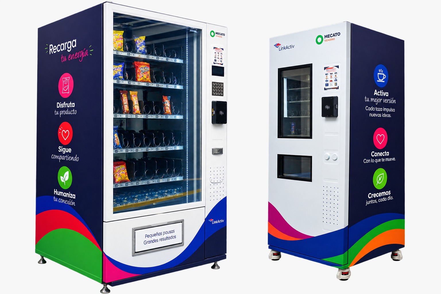 Máquinas de snacks y café personalizadas para LinkActiv, con su logo, colores y mensajes corporativos