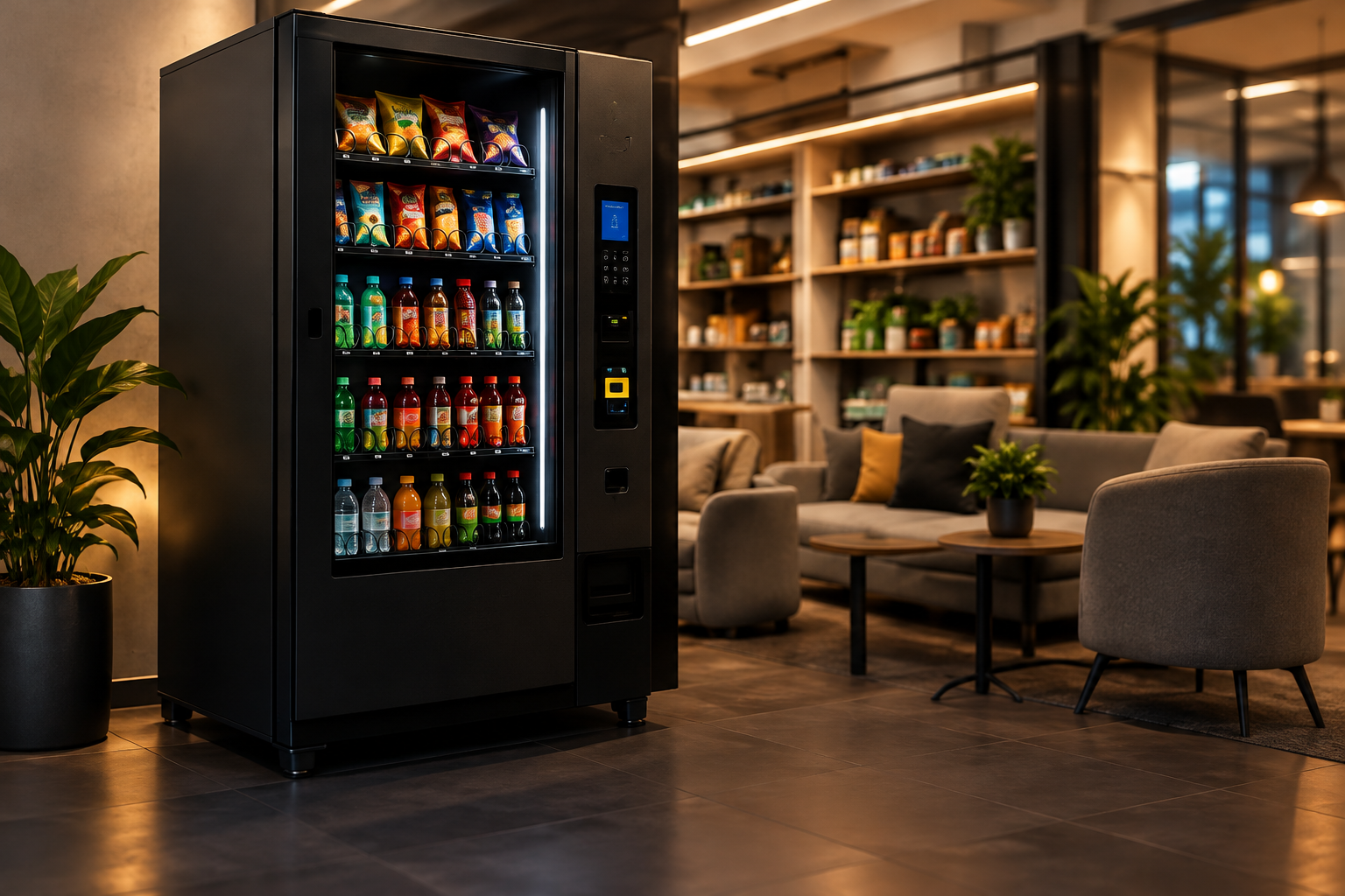 Escena ilustrativa de una máquina de snacks y bebidas en oficina